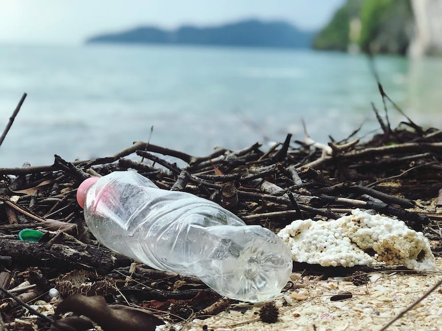 Plastikowe butelki leża na brzegu morza
